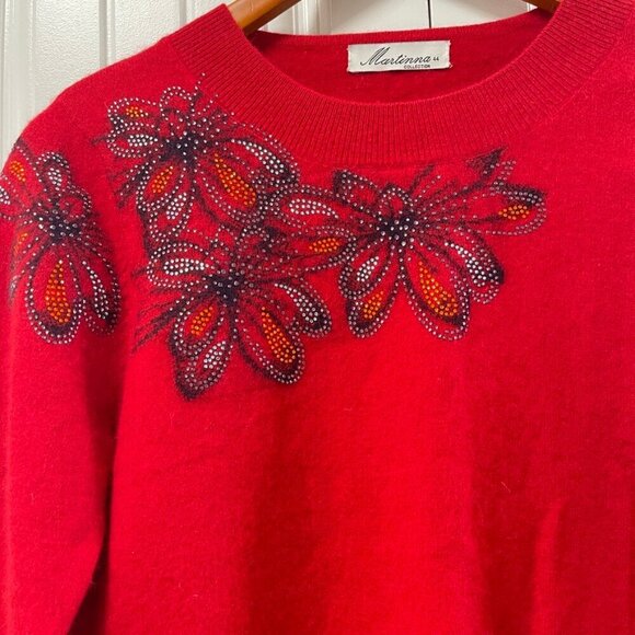 Vintage Martinna Collection Rhinestone Floral Cashmere Sweater Red - Picture 9 of 12